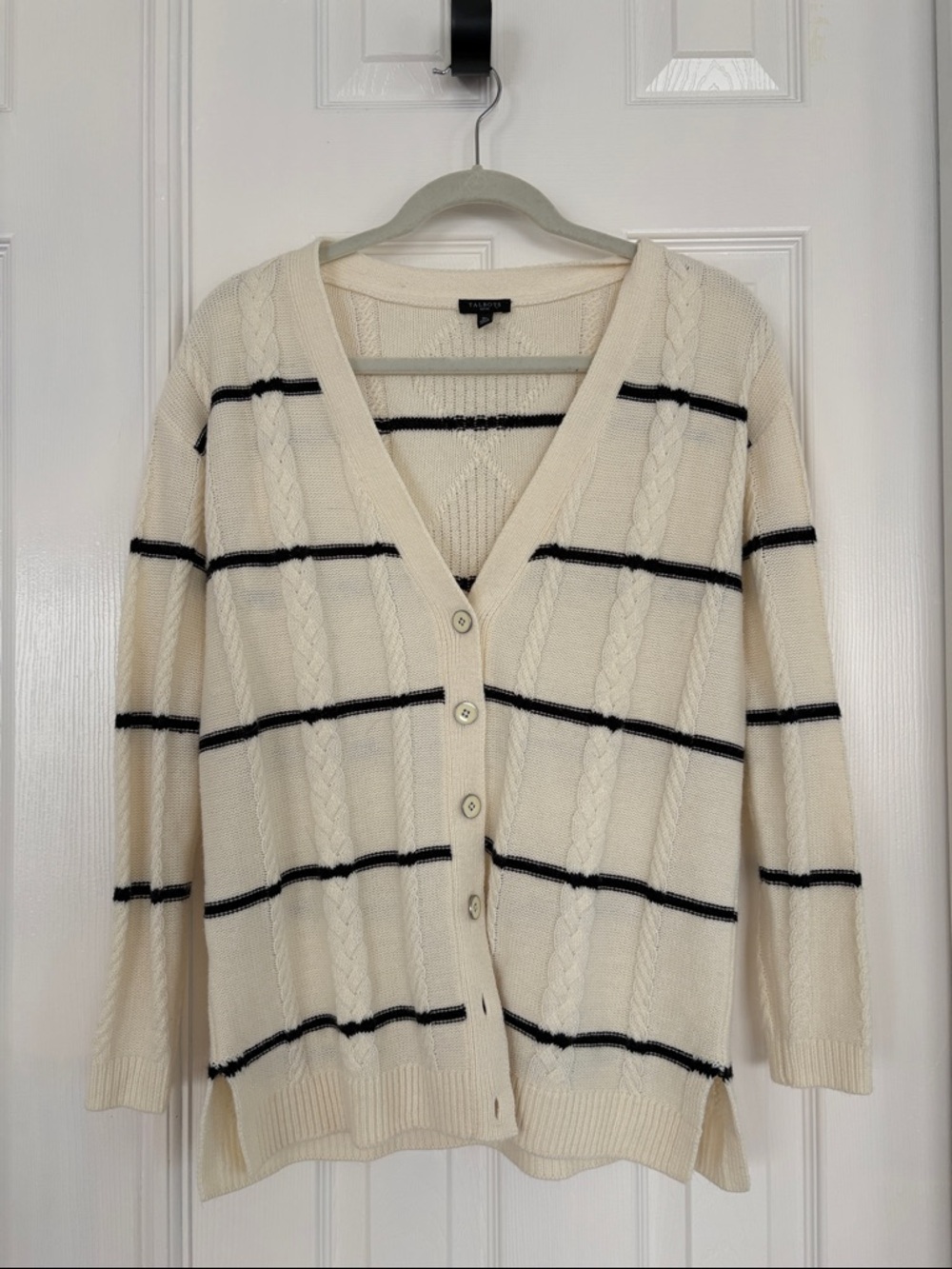 Talbots Ivory Black striped button up cardigan cable knit sweater Small petite